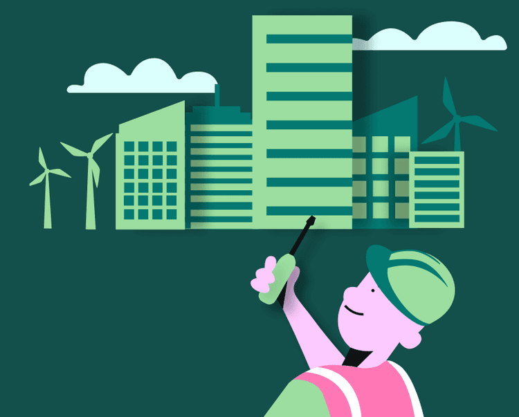 Illustration of a construction worker with a walkie-talkie, overseeing a cityscape with wind turbines and modern buildings under a cloudy sky.
